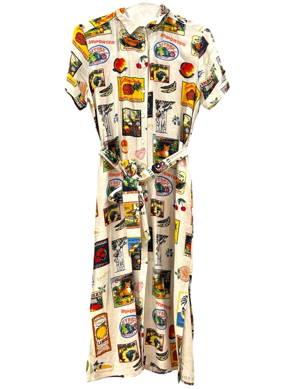 Jane and Delancey Cream Fruit-Label Midi Shirt Dress